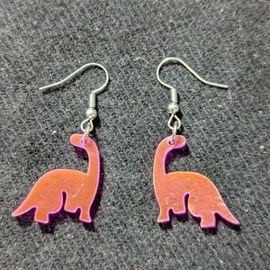Silver Tone Translucent Pink Dinosaur Brontosaurus Apatosaurus Earrings
